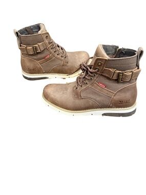 Levi's Men's Tan/Brown Leather Lace-Up Work Boots with Buckle Strap